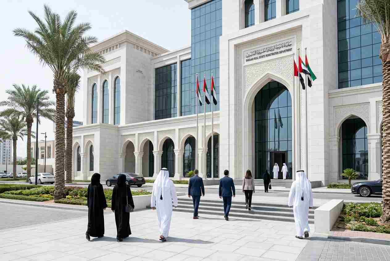 Exterior view of the Sharjah Real Estate Registration Department in the UAE.