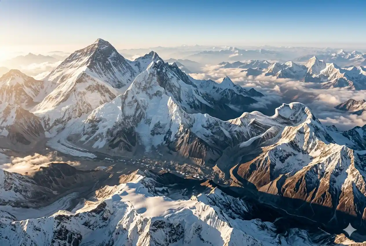 Himalayan mountain range near Mount Everest showing natural formations resembling a sleeping figure