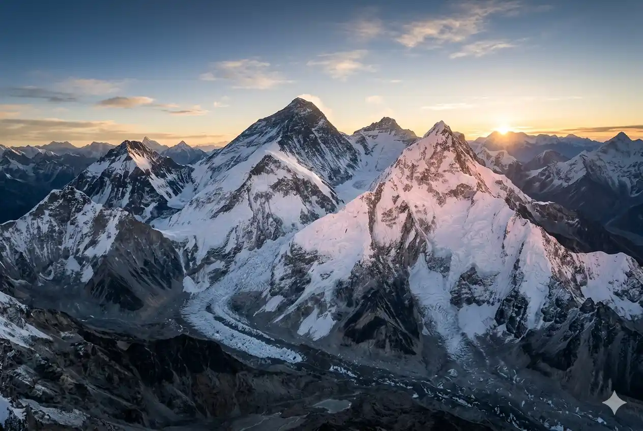 Himalayan mountain range near Mount Everest showing natural shadow formation resembling a sleeping figure
