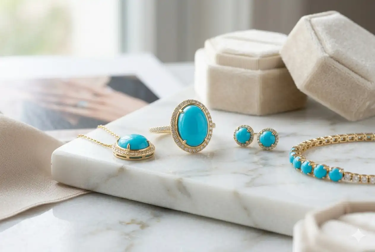 Authentic Sleeping Beauty turquoise gemstone featured in luxury jewelry setting