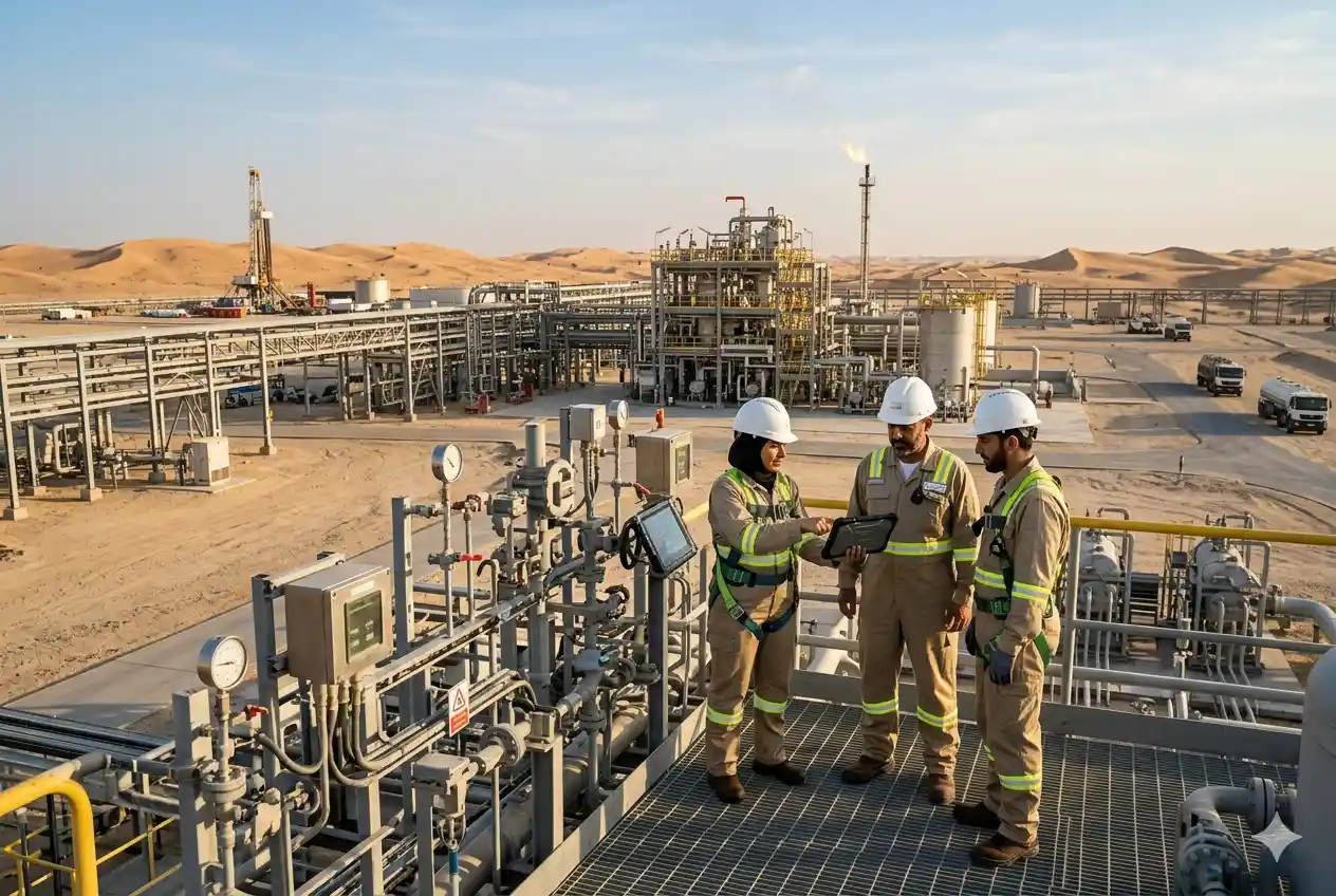 Engineers and advanced oilfield technology equipment supporting industrial energy operations in the UAE