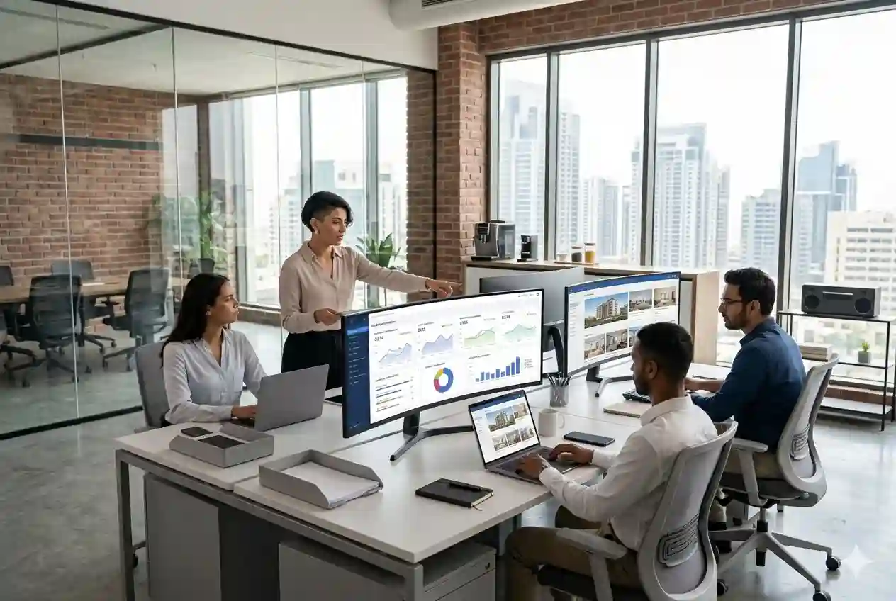 real estate marketing team managing social media campaigns in UAE office