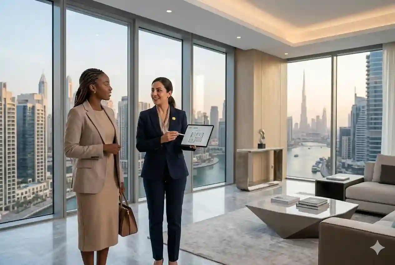 Real estate marketing agent showing property in Dubai using digital presentation