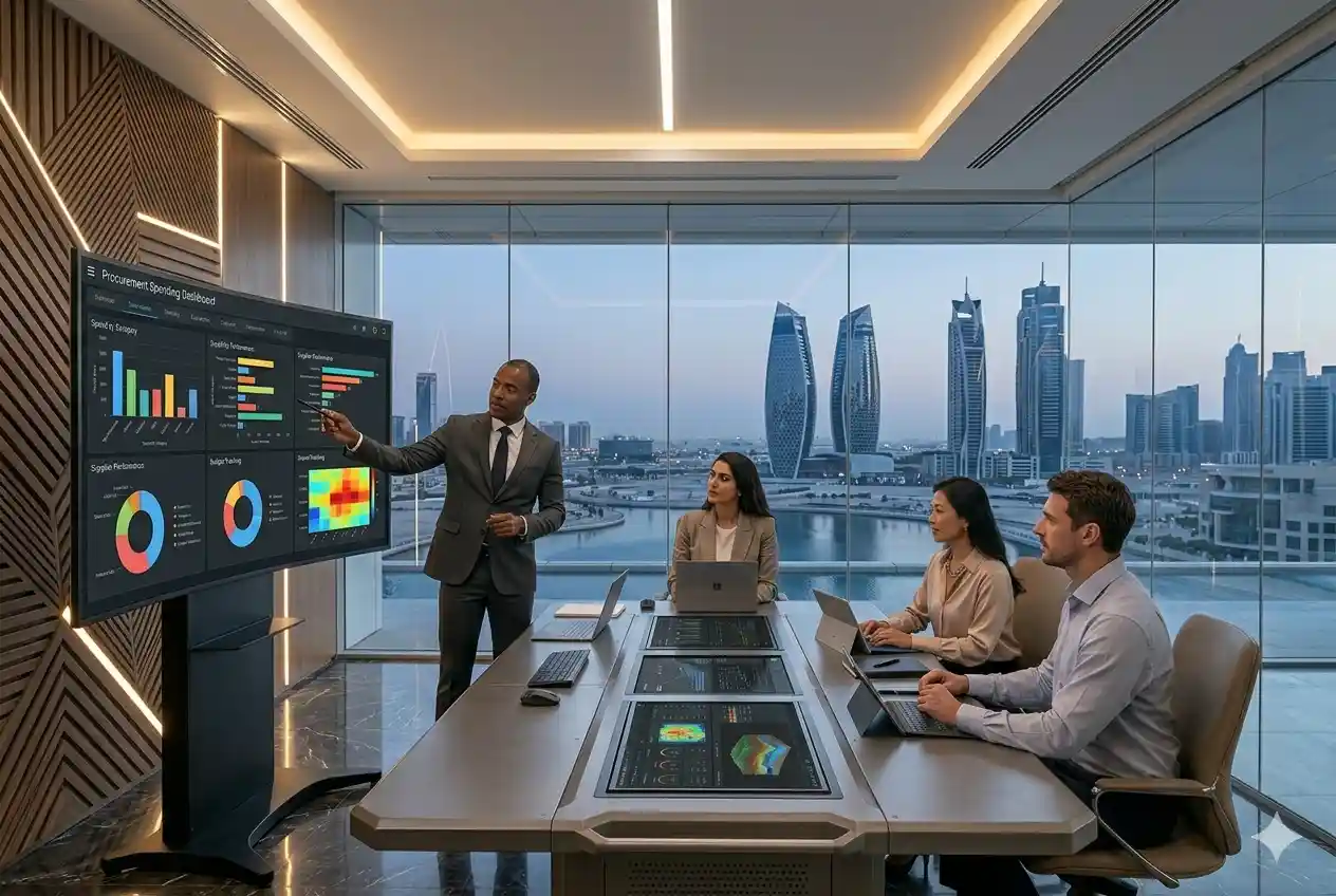 Procurement professionals reviewing spend analytics technology dashboards and business data