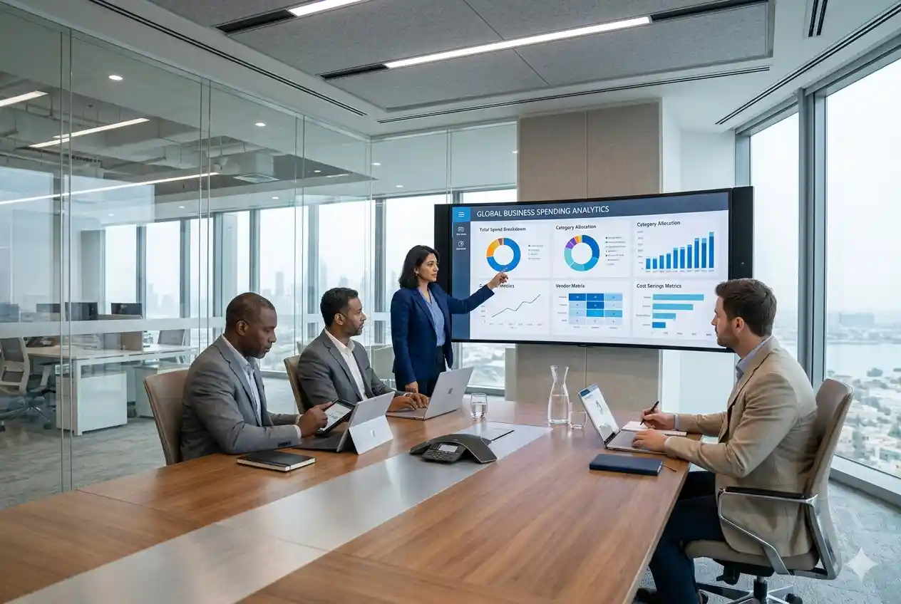 Business professionals using spend analytics technology to monitor procurement and purchasing data