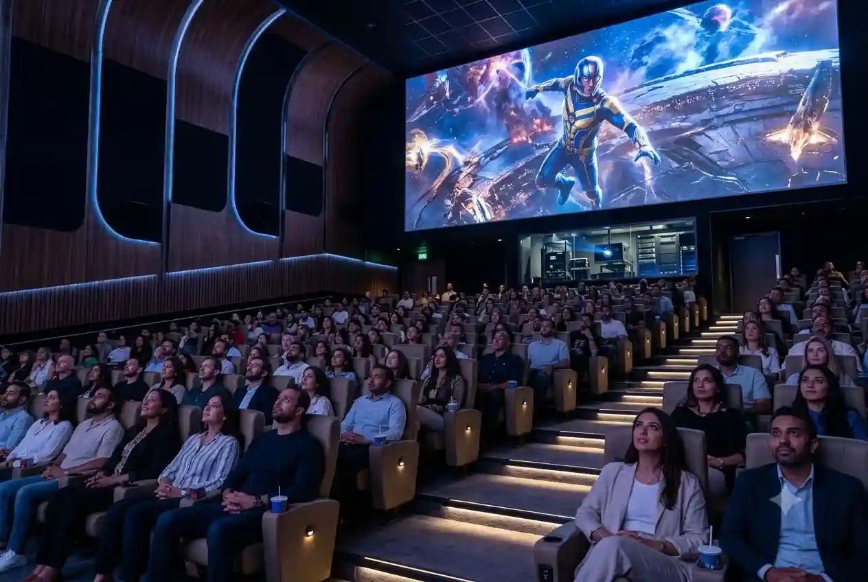 Movie theater audience watching a blockbuster superhero film