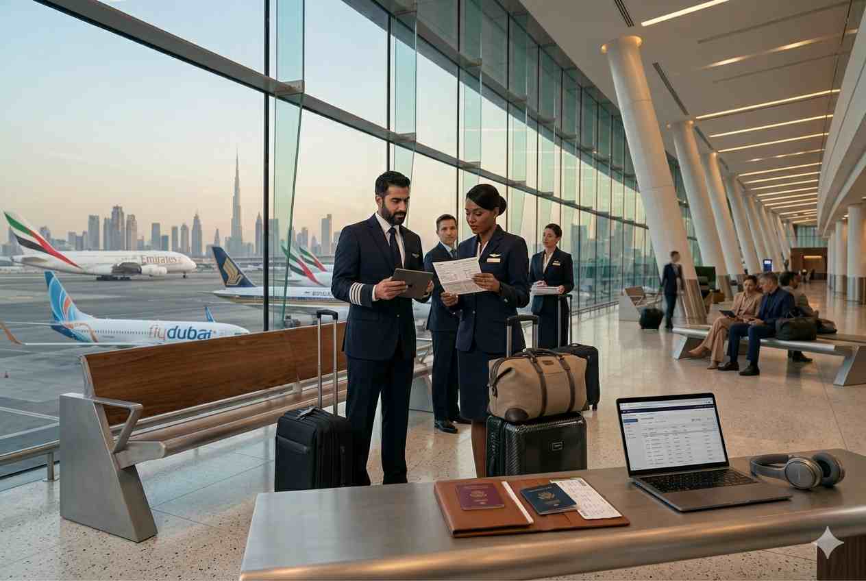 Airline staff preparing for standby travel at Dubai airport