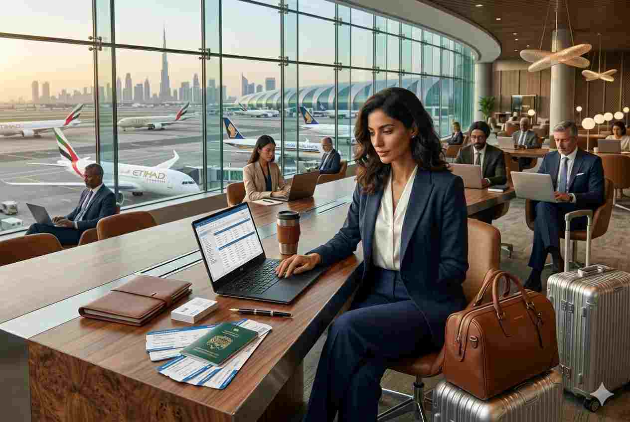 Business professionals preparing for corporate travel at an airport