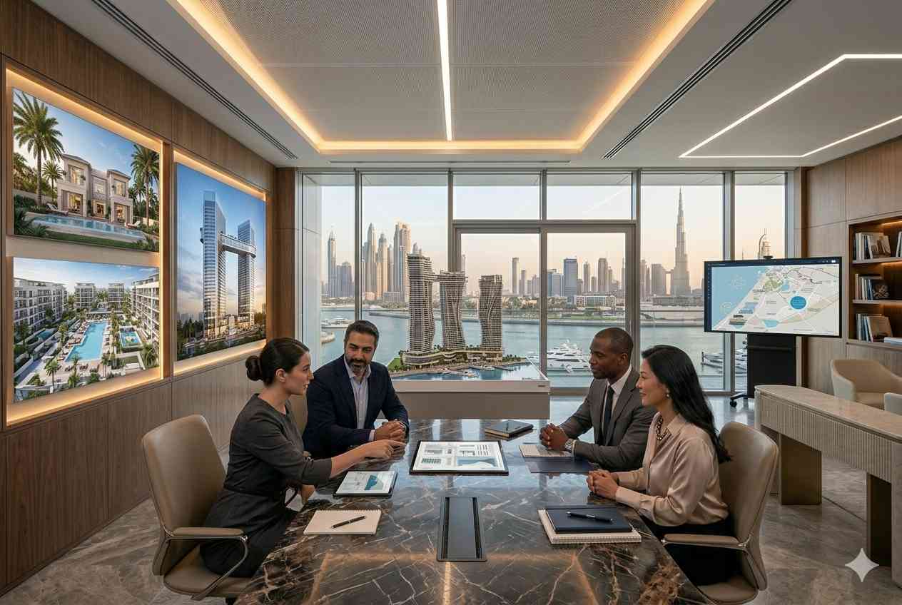 Professional real estate advisors discussing property investment opportunities in Dubai