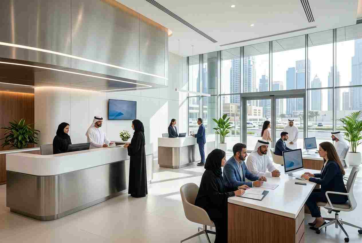 Interior of an authorized real estate registration trustee center in Dubai.
