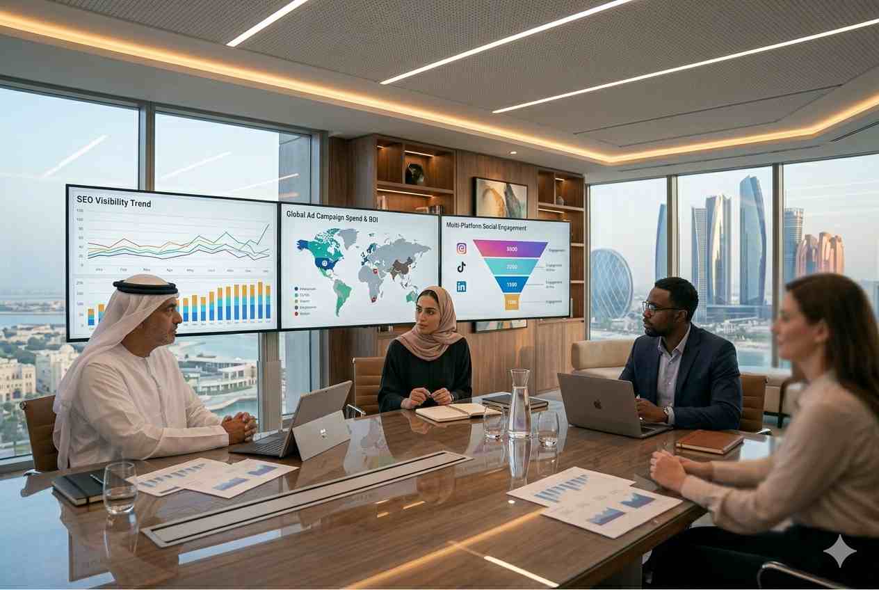 Dubai marketing professionals analyzing SEO and advertising campaign performance