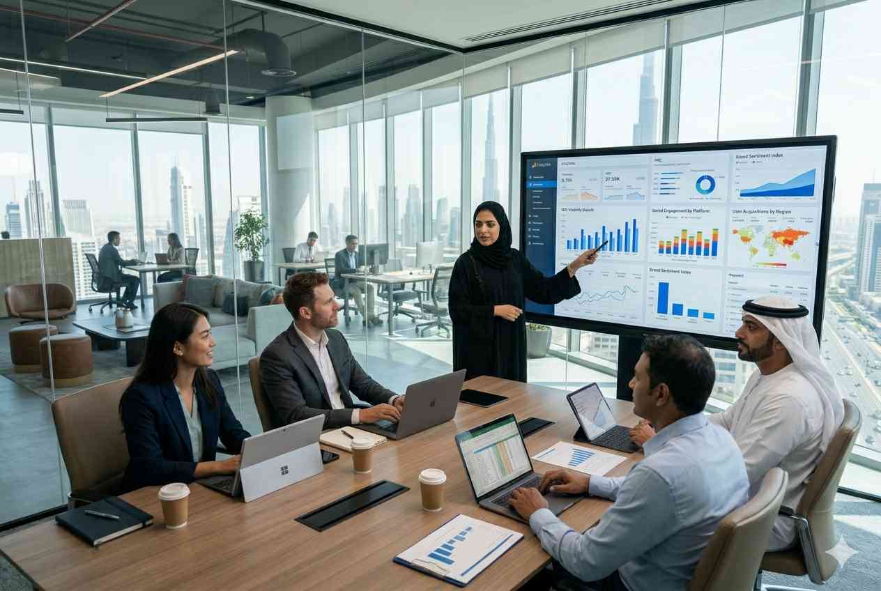 Professional marketing agency team discussing digital growth strategies in the UAE