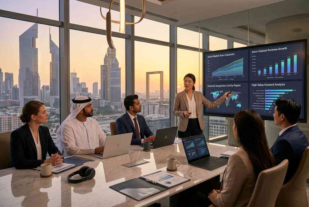 Professional digital marketing agency team meeting with business clients in Dubai