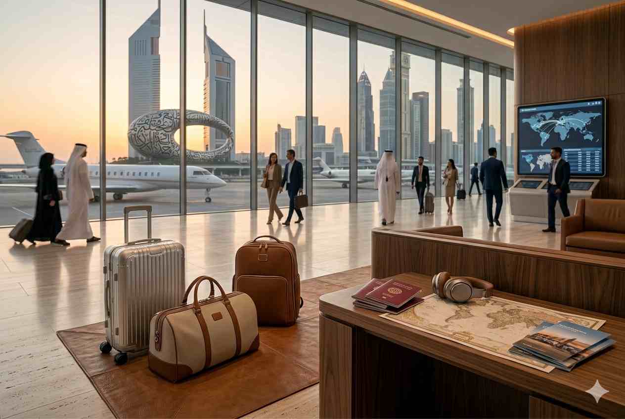 Modern travel bags and luggage prepared for international travel from UAE