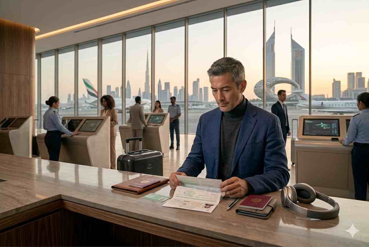 Traveler reviewing travel documents before international departure from UAE