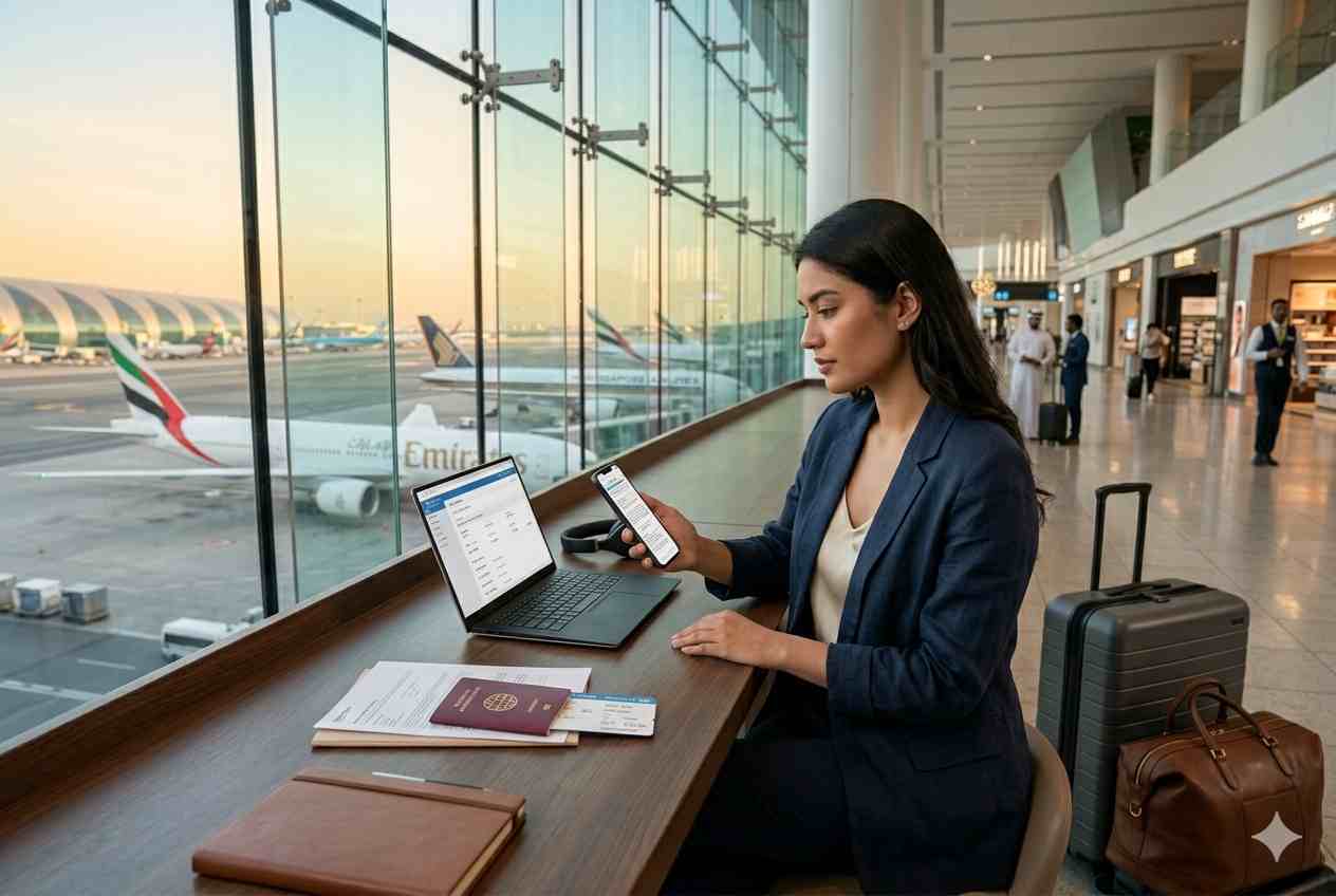 UAE traveler reviewing travel insurance documents before international flight