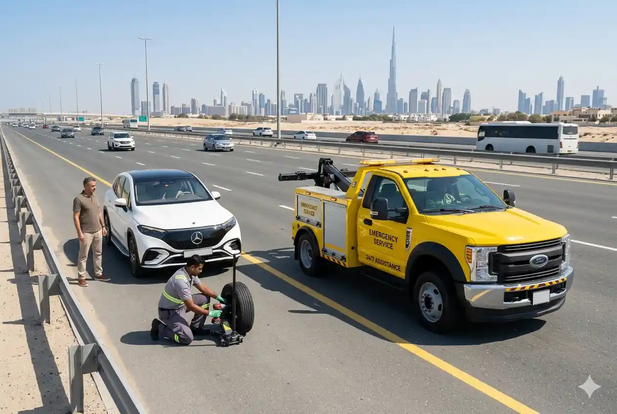 Roadside assistance helping a car on a Dubai highway