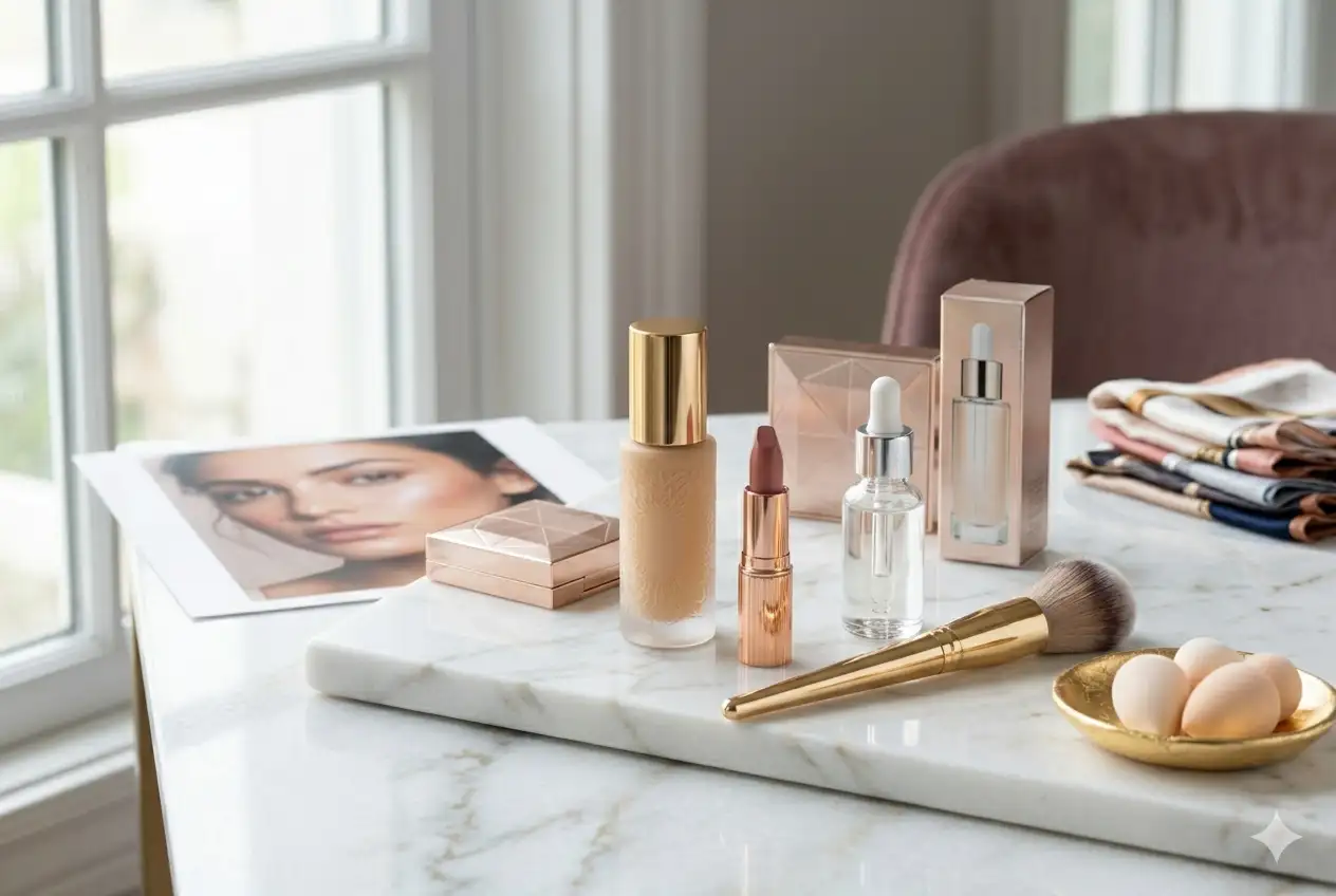 Premium luxury beauty and cosmetic products displayed in an elegant editorial setting