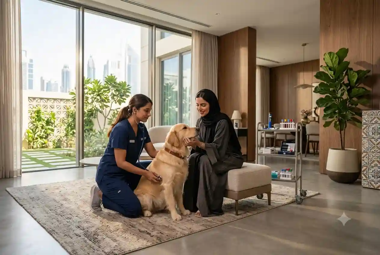 Mobile veterinarian providing healthcare treatment to a pet inside a UAE home