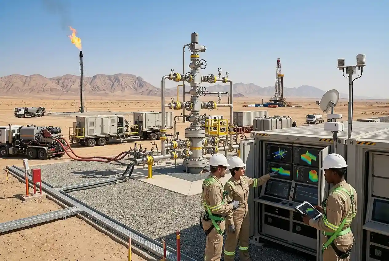 Engineers working with advanced well completion technology in oil and gas operations