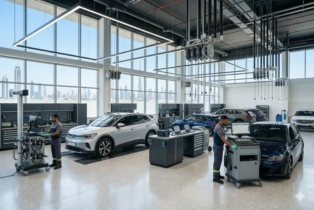 Volkswagen cars being serviced in a modern Dubai workshop