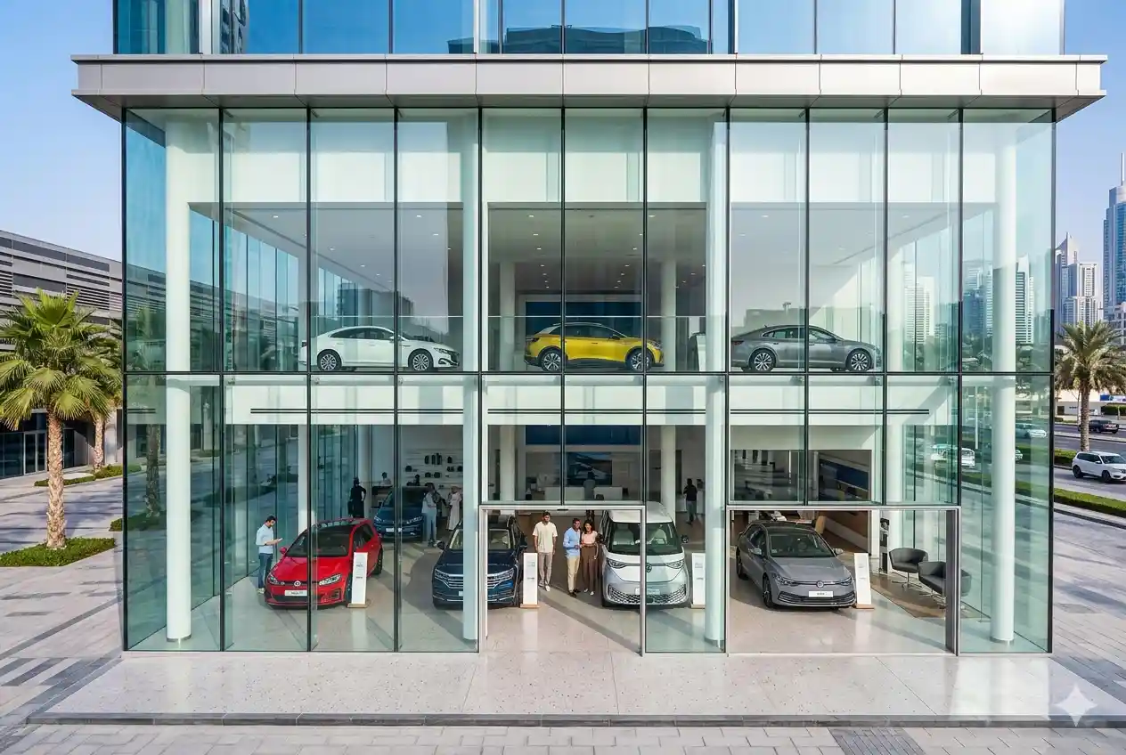 Volkswagen cars displayed inside a modern Dubai showroom