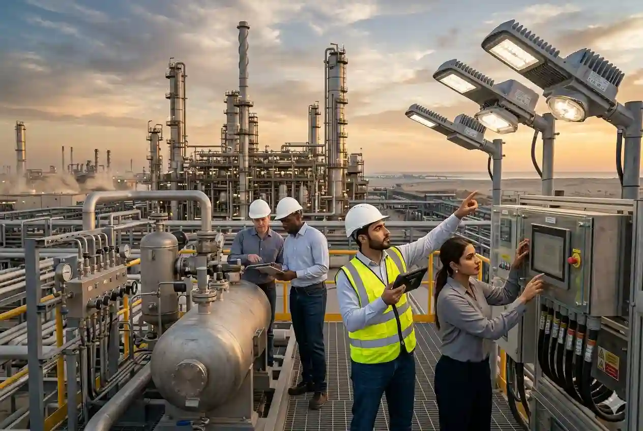 Engineers inspecting explosion-proof industrial equipment in UAE facility