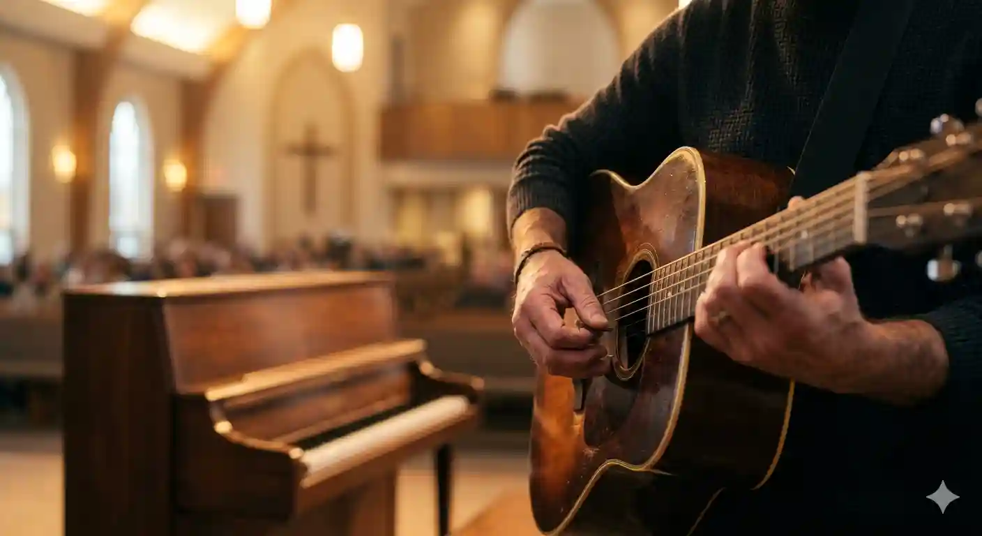 Hands playing acoustic guitar during a worship song performance