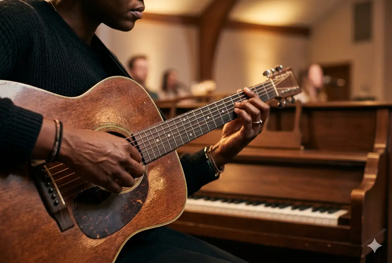 Guitar and piano being played together during worship performance