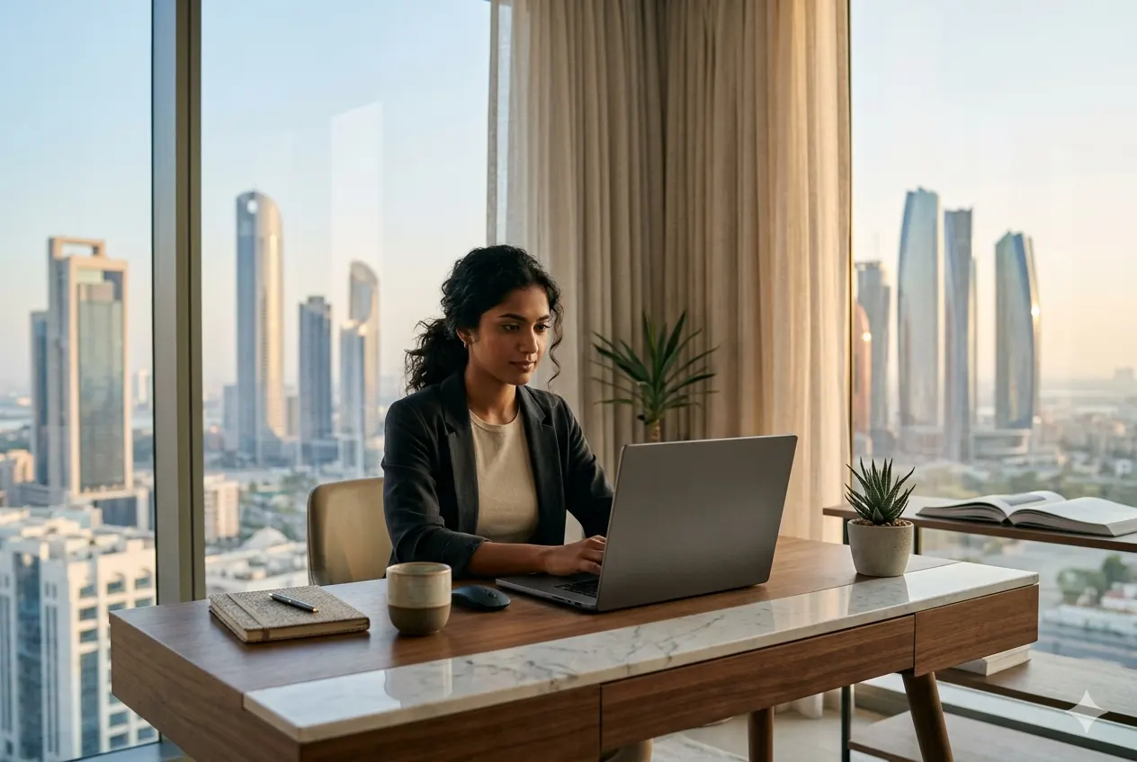 Professional working remotely on laptop in UAE home office setup