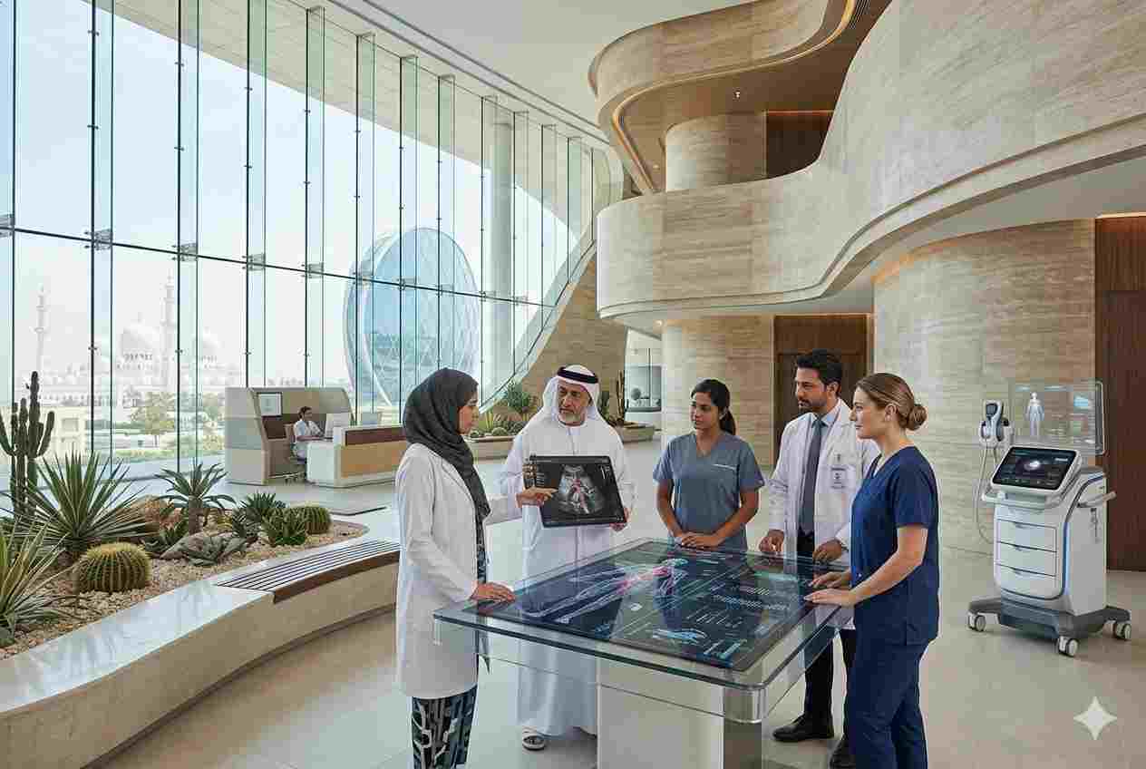 Healthcare professionals providing patient care in a modern UAE medical facility