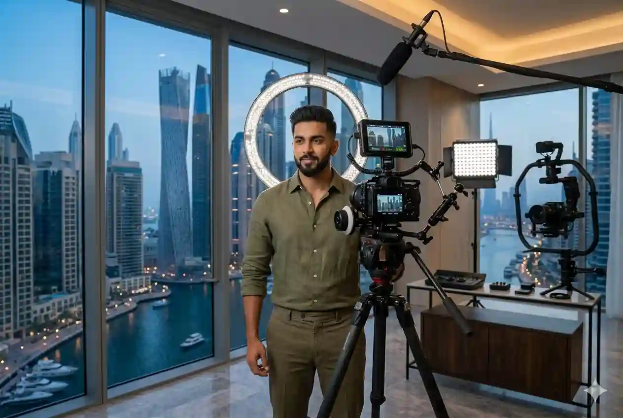 Content creator filming YouTube marketing video in Dubai studio setup