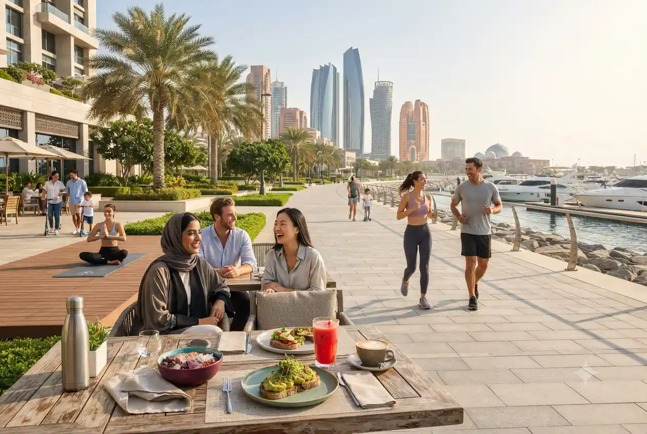 Residents enjoying modern lifestyle experiences in Abu Dhabi including wellness, recreation, and city living