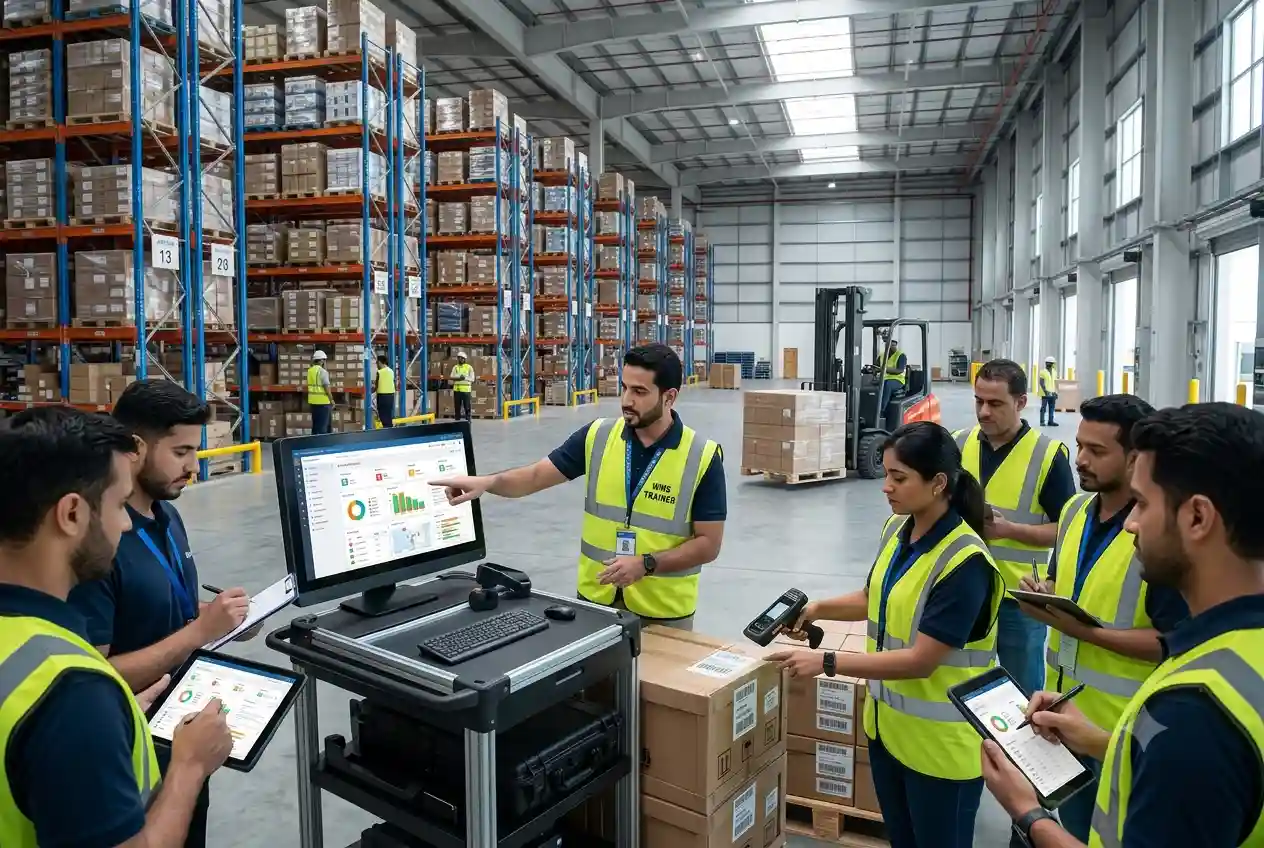 Warehouse staff learning warehouse management system operations in a modern UAE logistics facility