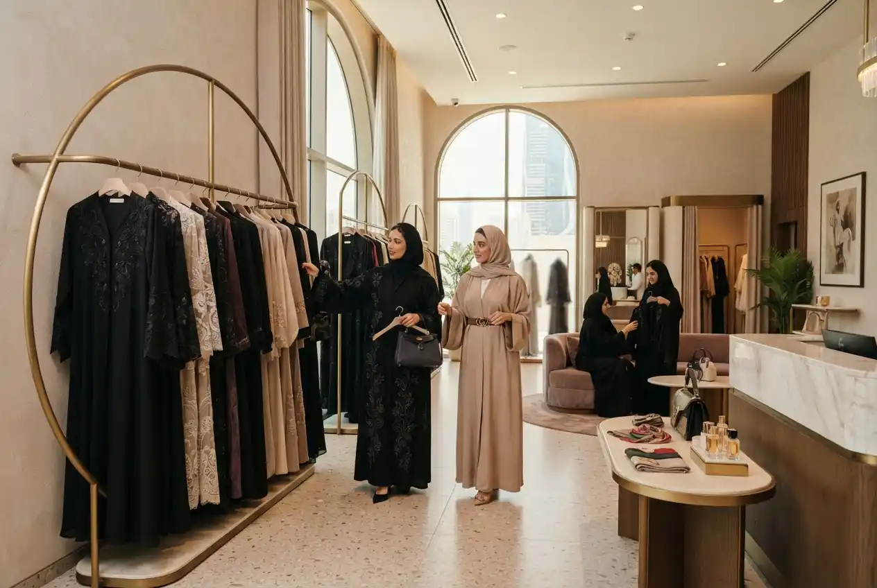 Modern abaya boutique showcasing traditional and contemporary abayas in the UAE