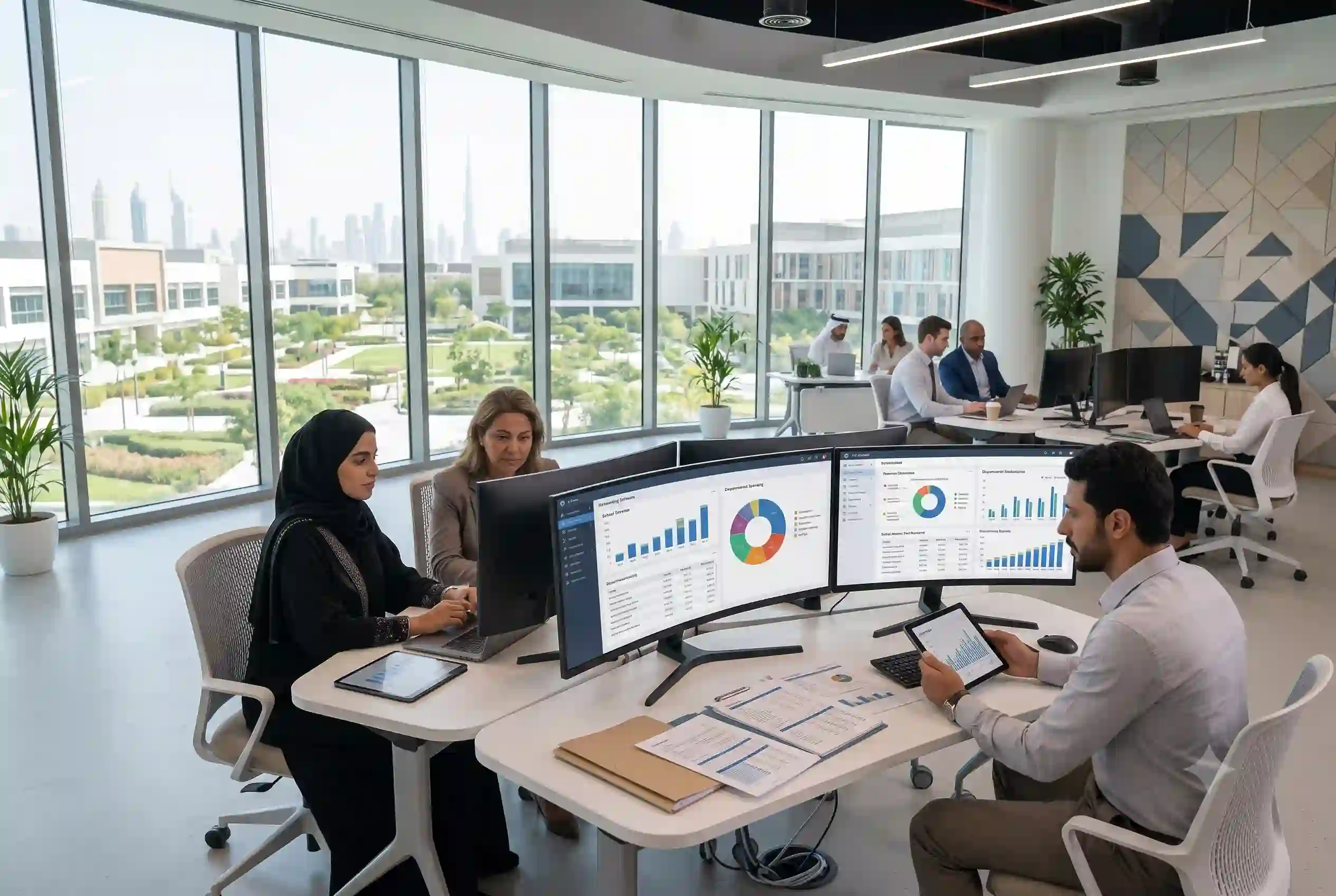 School administrators using accounting software to manage educational institution finances