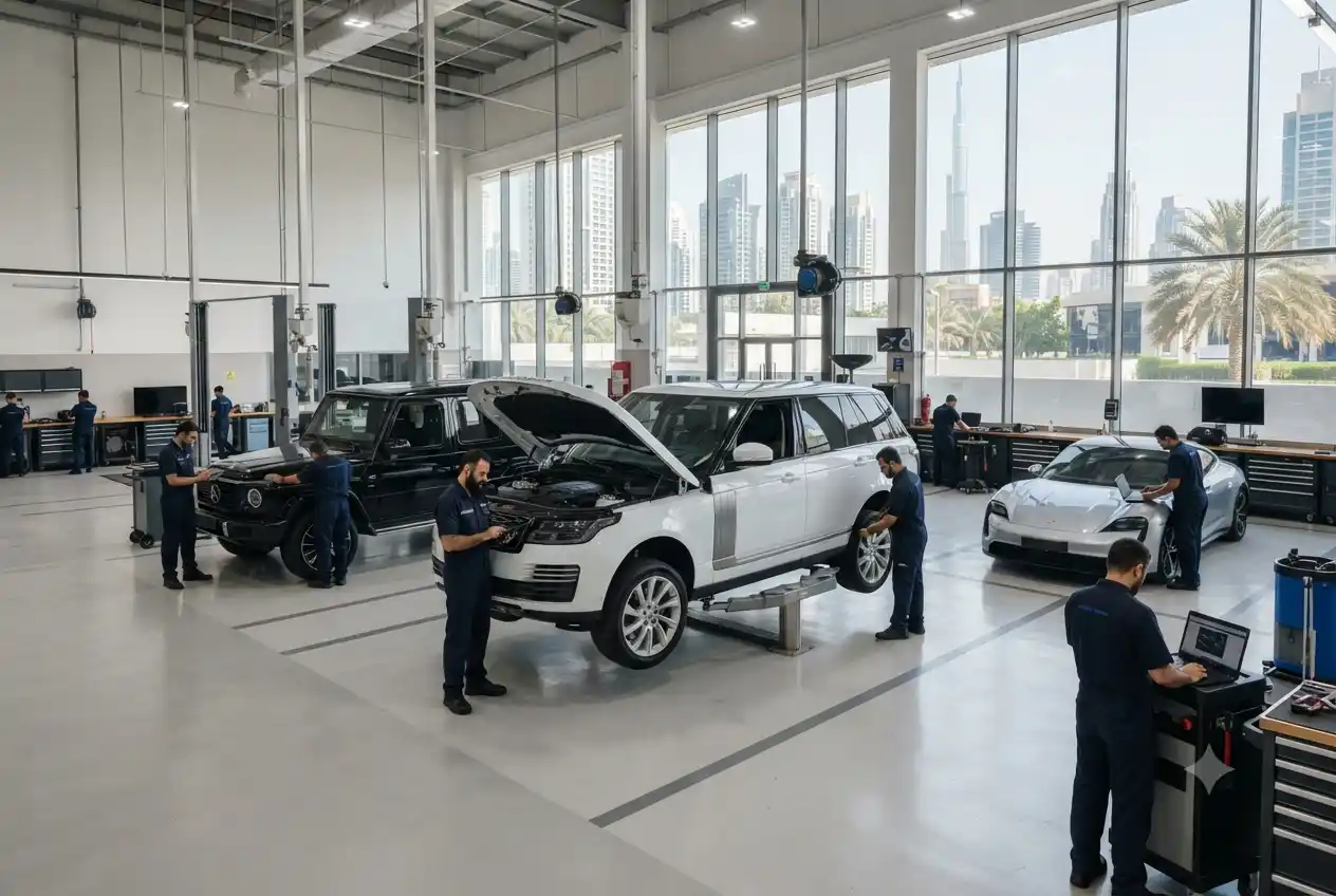 Modern automotive service center in the UAE with advanced vehicle diagnostics and maintenance
