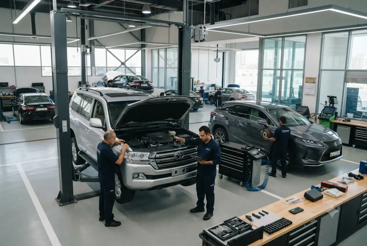 automotive technicians working in a modern UAE workshop