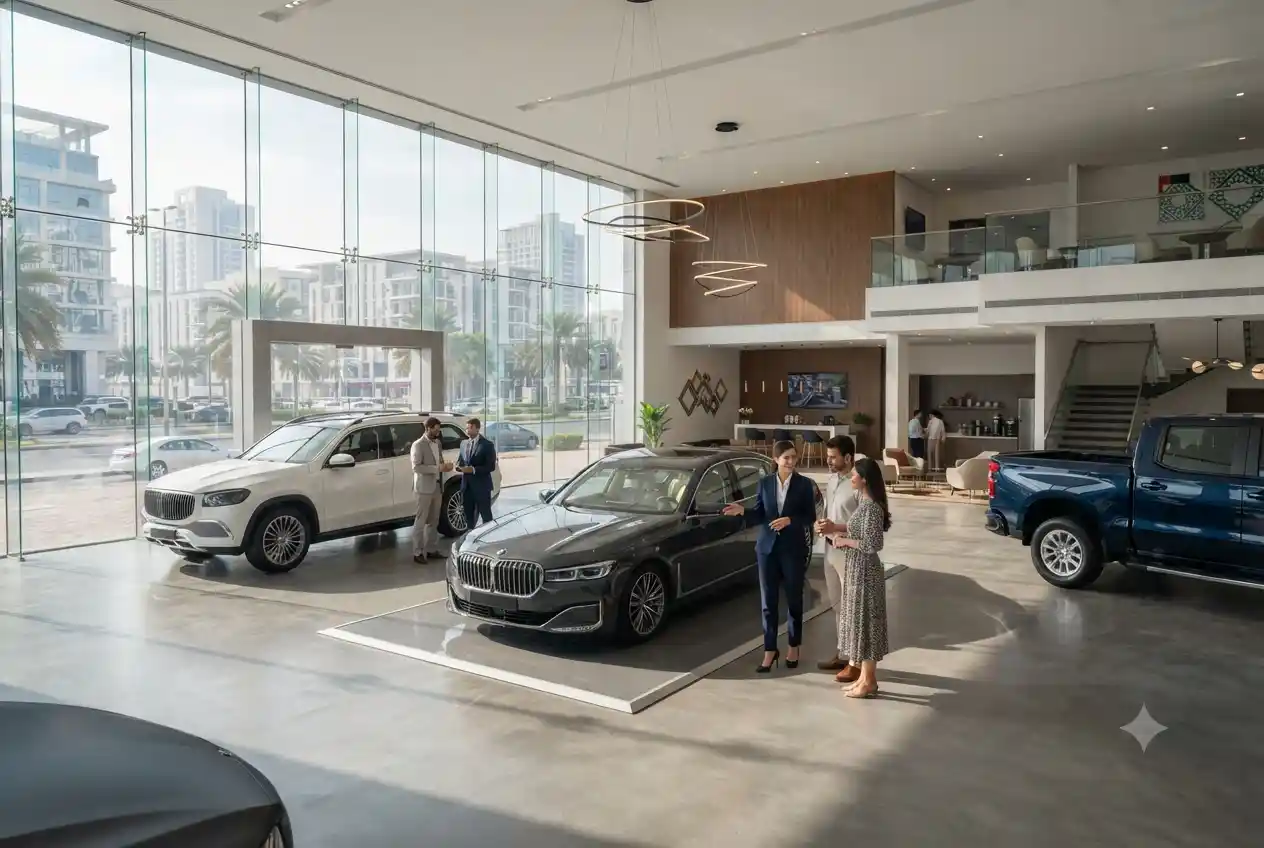 Modern automotive dealership showroom in the UAE displaying new passenger vehicles