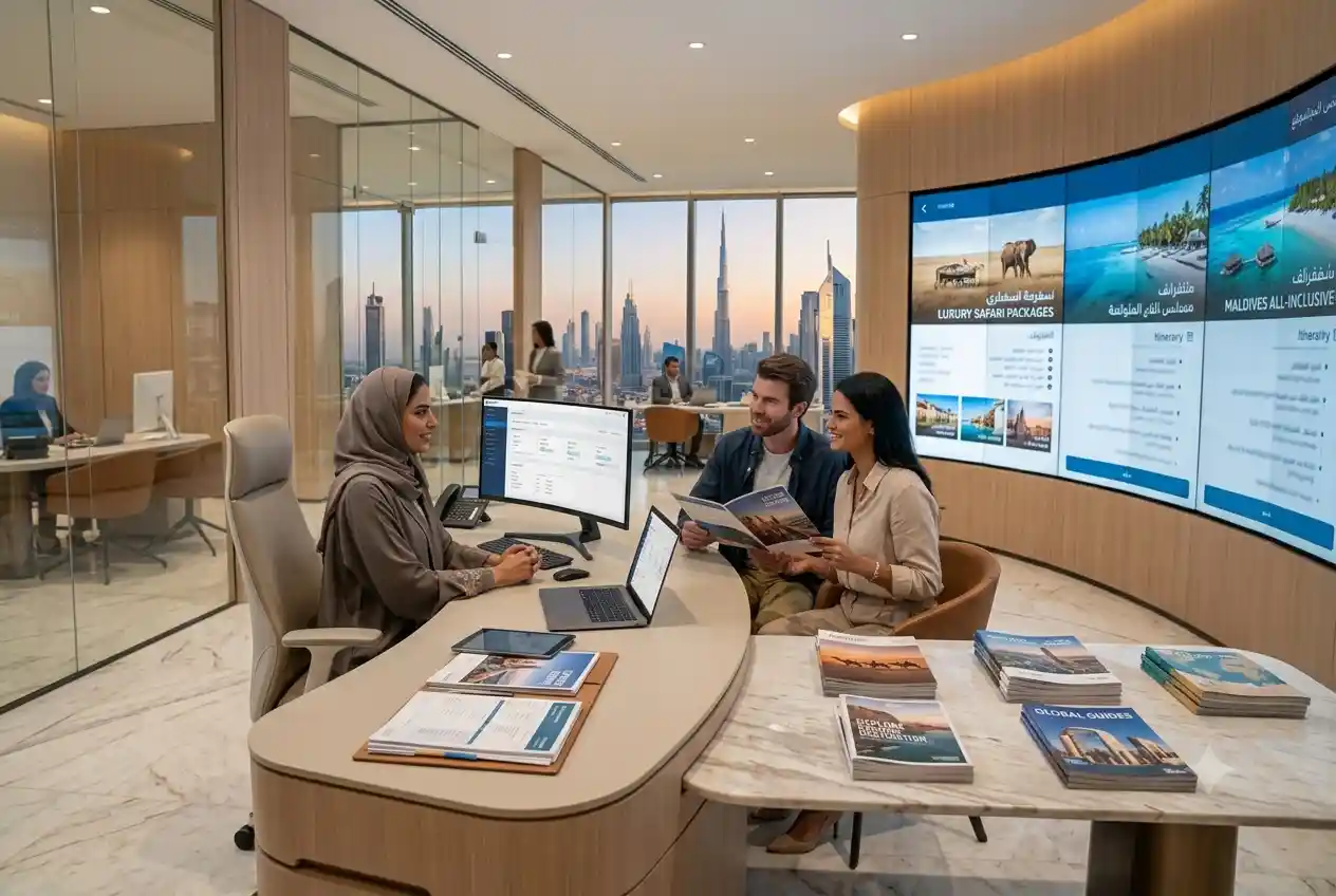 Travel consultant helping clients plan an international trip in a UAE travel agency office