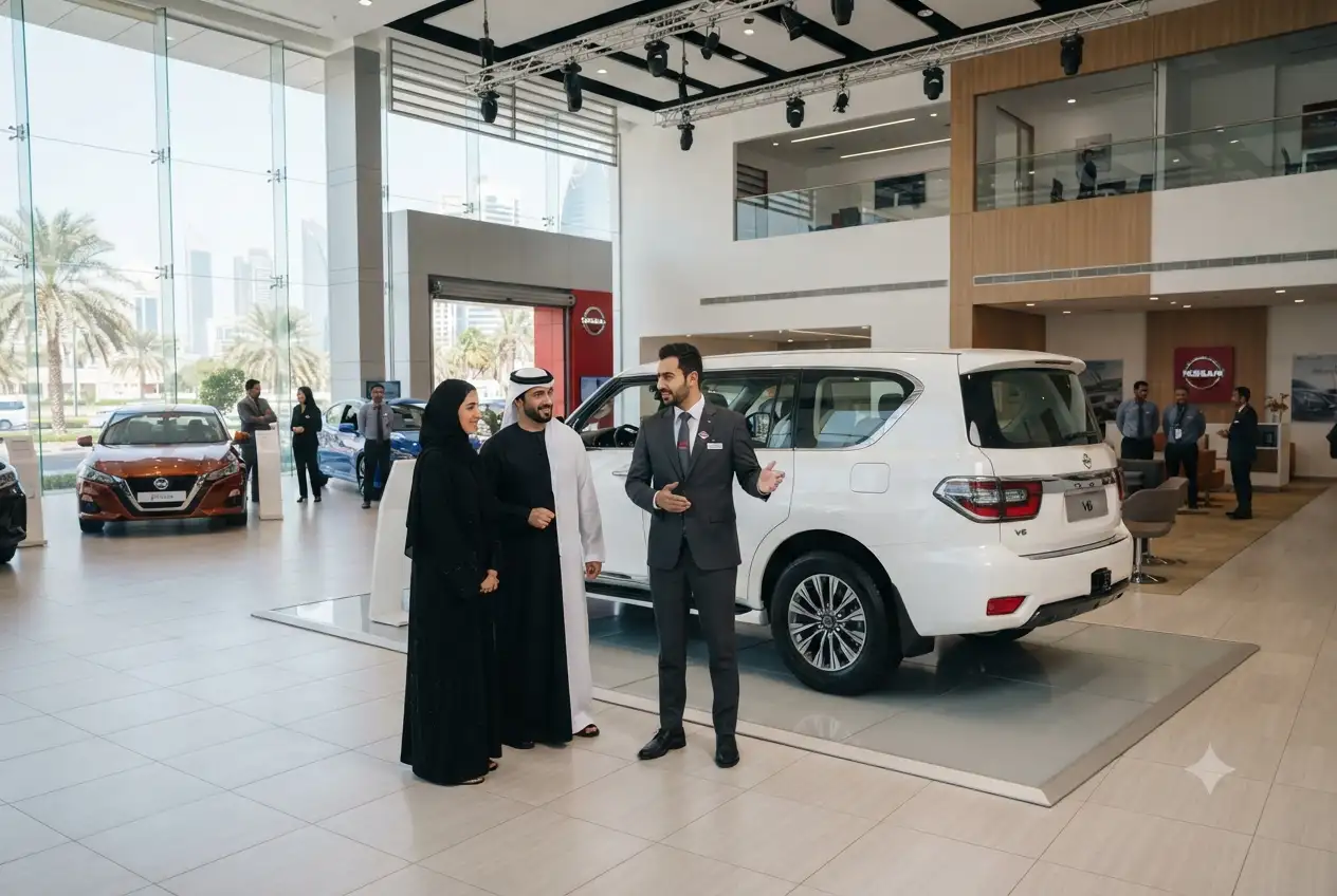 Nissan car showroom in Abu Dhabi with modern interior