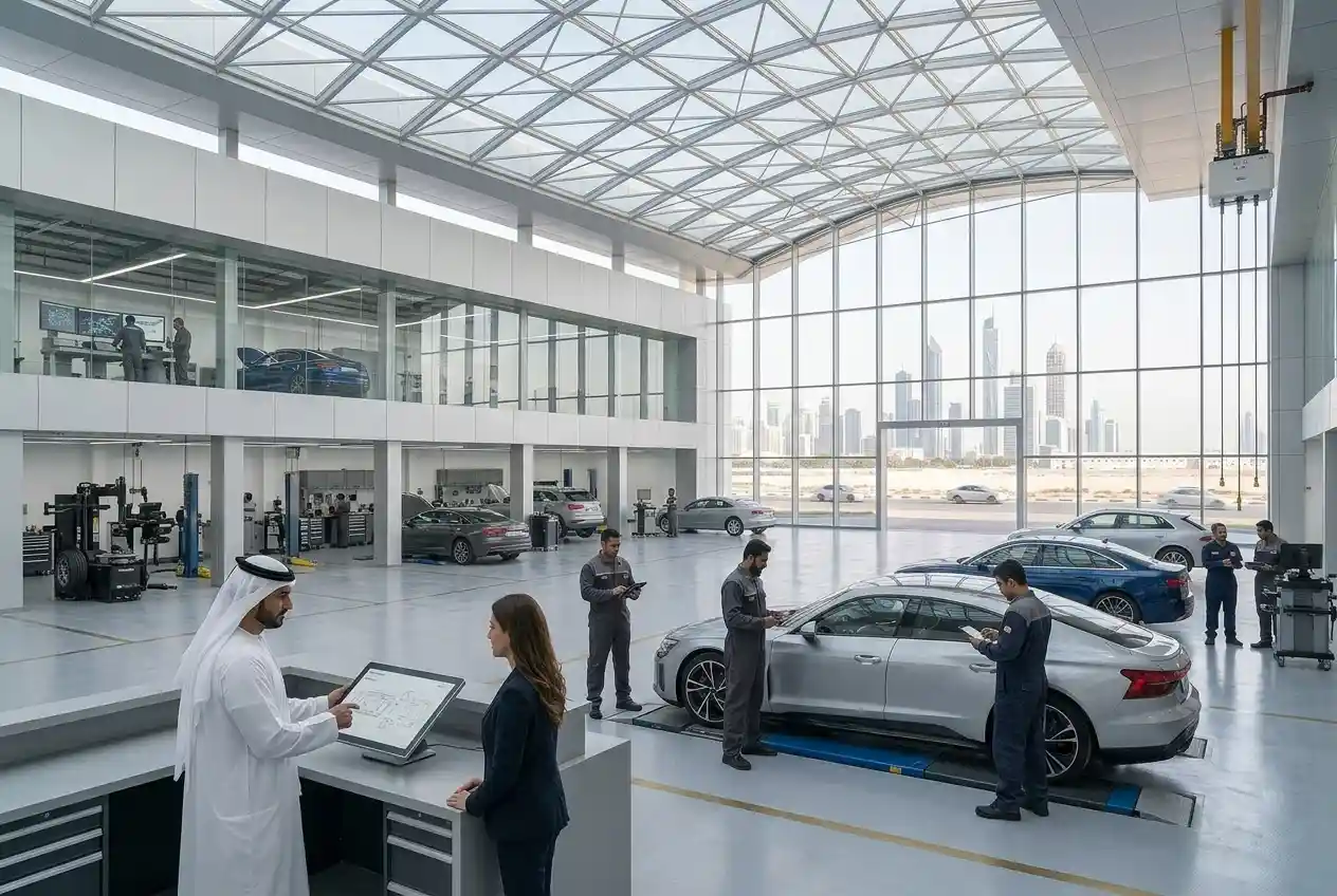 Automotive professionals working in a modern UAE vehicle service and dealership environment
