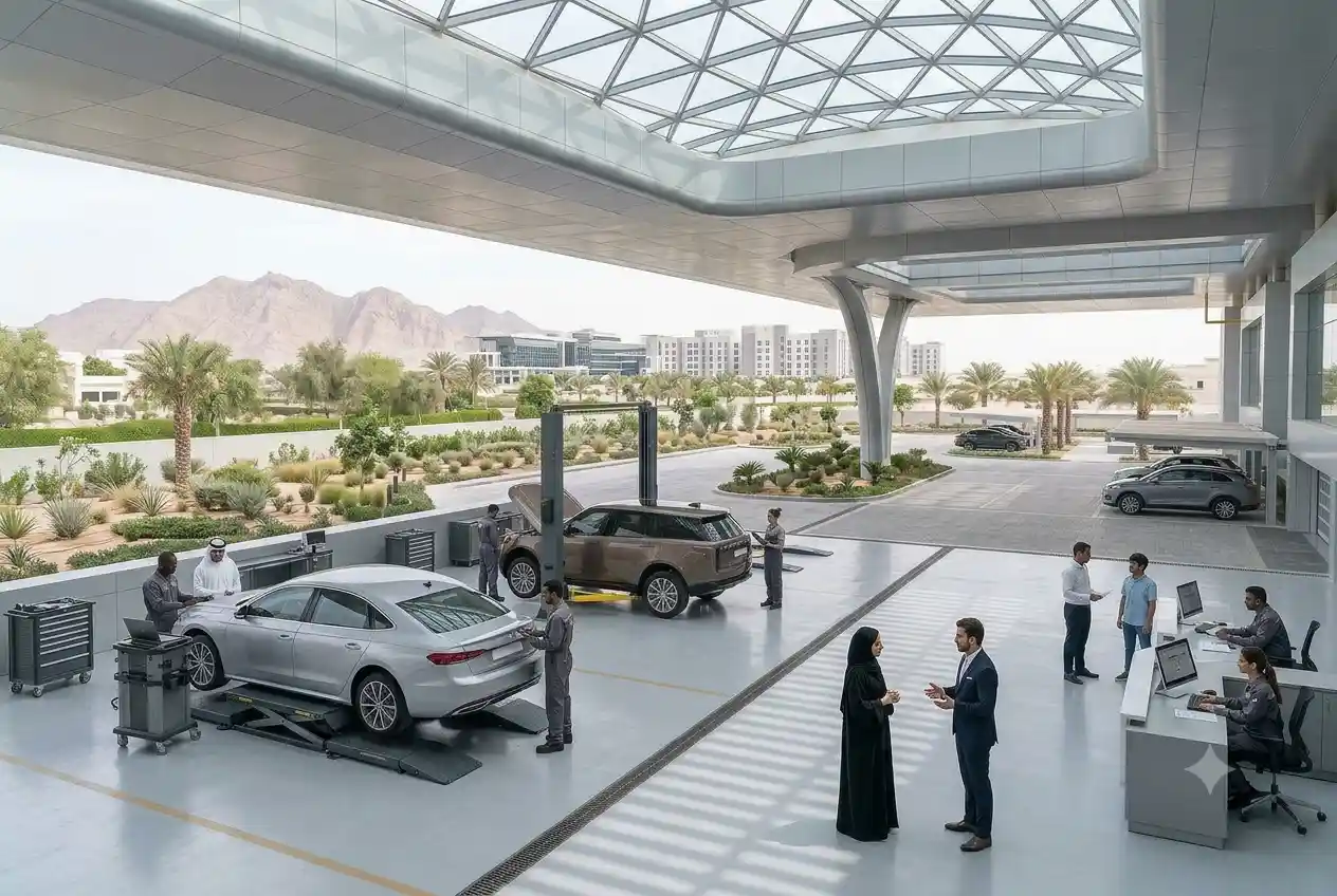 Automotive professionals working in a modern UAE automotive service and dealership environment