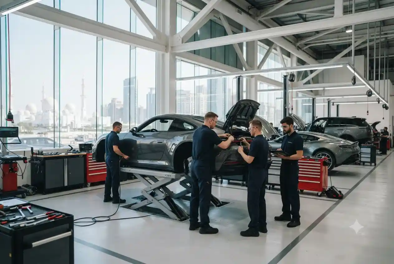 modern automotive service center in Abu Dhabi with technicians repairing a car