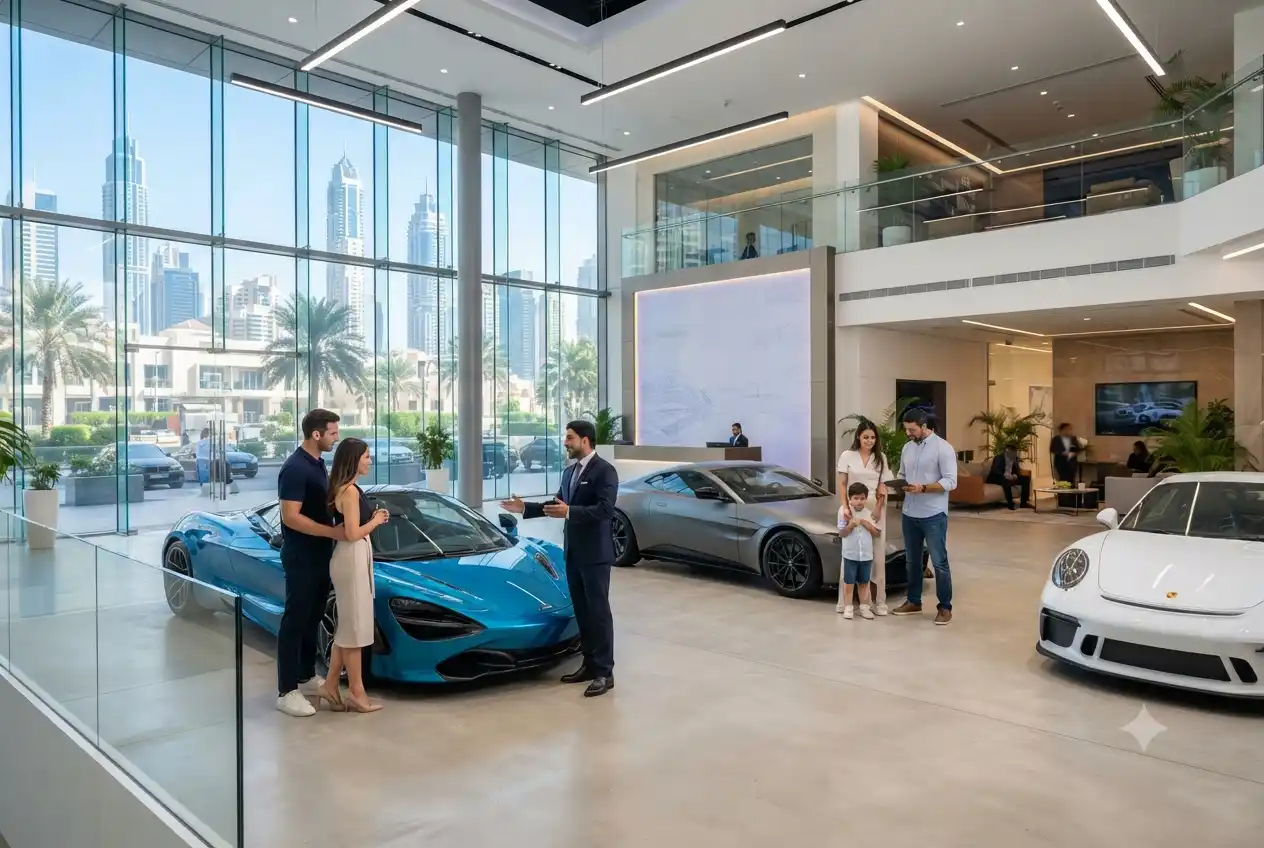 modern UAE car showroom with customers and sales staff