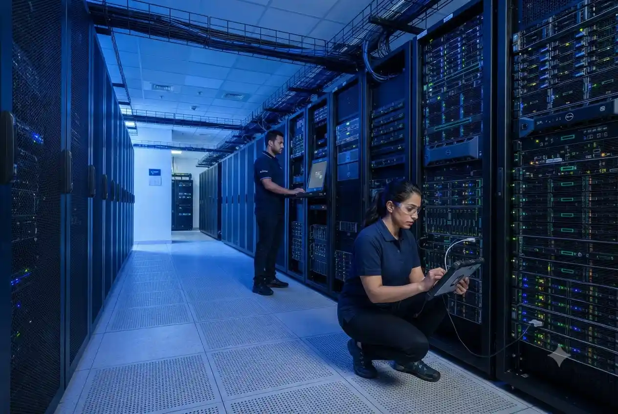 Engineers managing servers in a modern data center