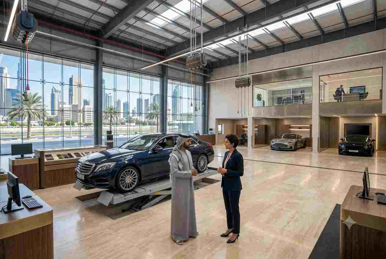 Modern automotive dealership showroom featuring premium vehicles in the UAE