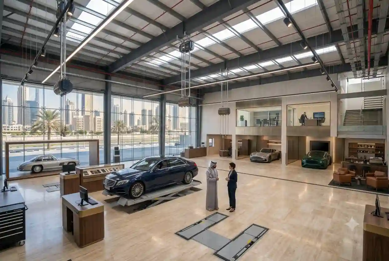 Modern automotive dealership showroom with premium vehicles in the UAE