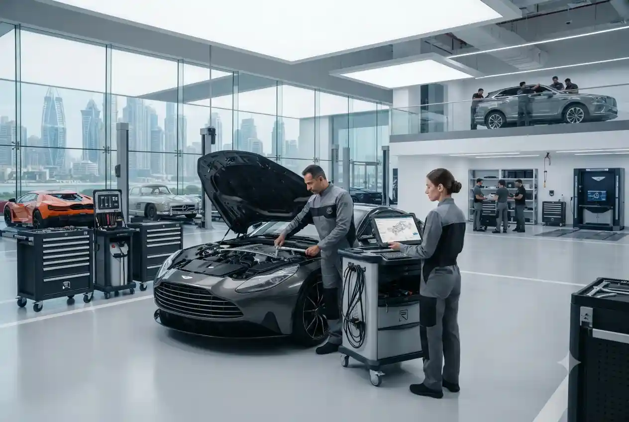 Modern automobile service center in UAE with technicians servicing vehicles