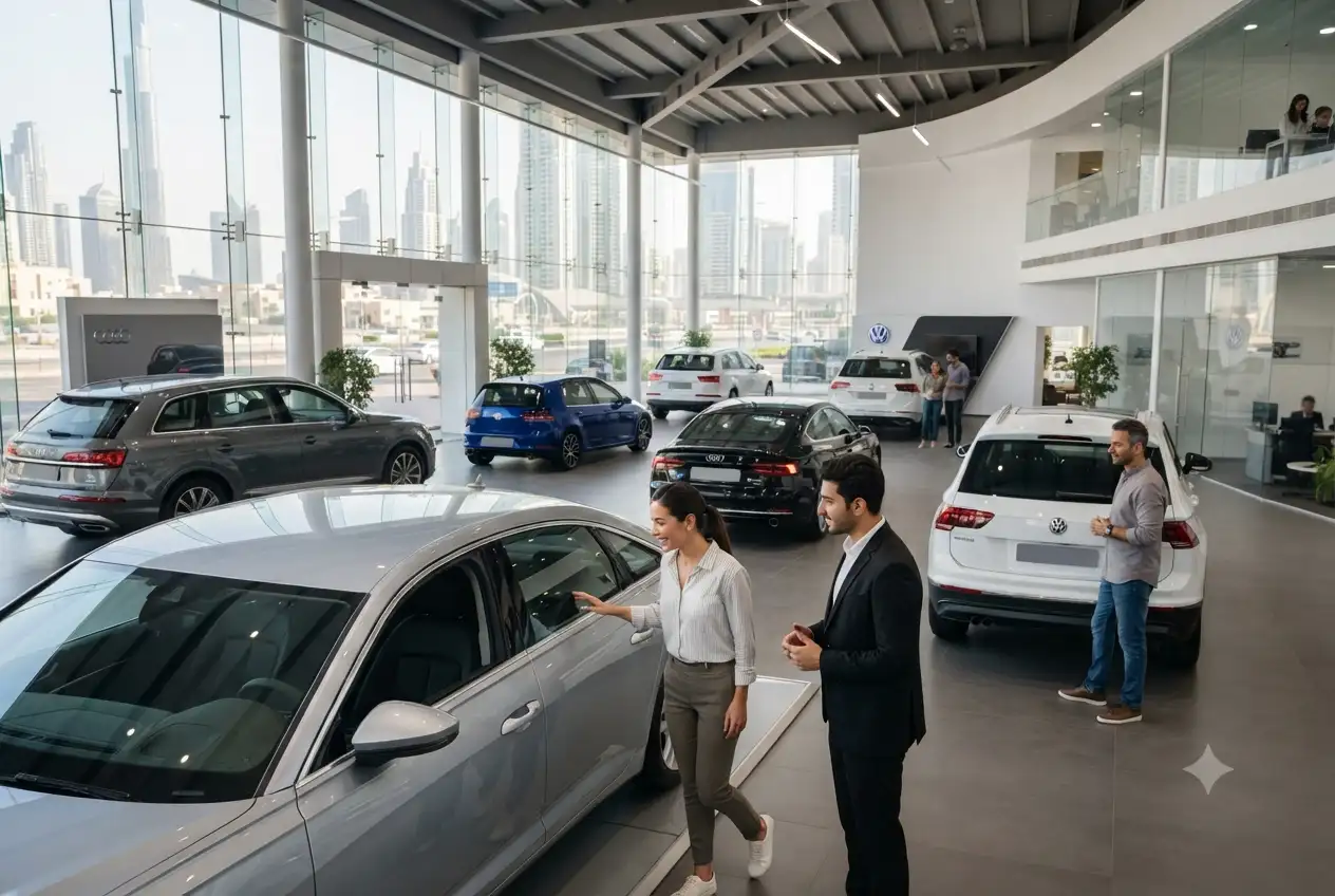 Audi and Volkswagen used cars in a Dubai showroom